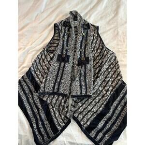 Anis A Open Front Sweater Vest Size M Gray White Striped Knit Velvet Trim